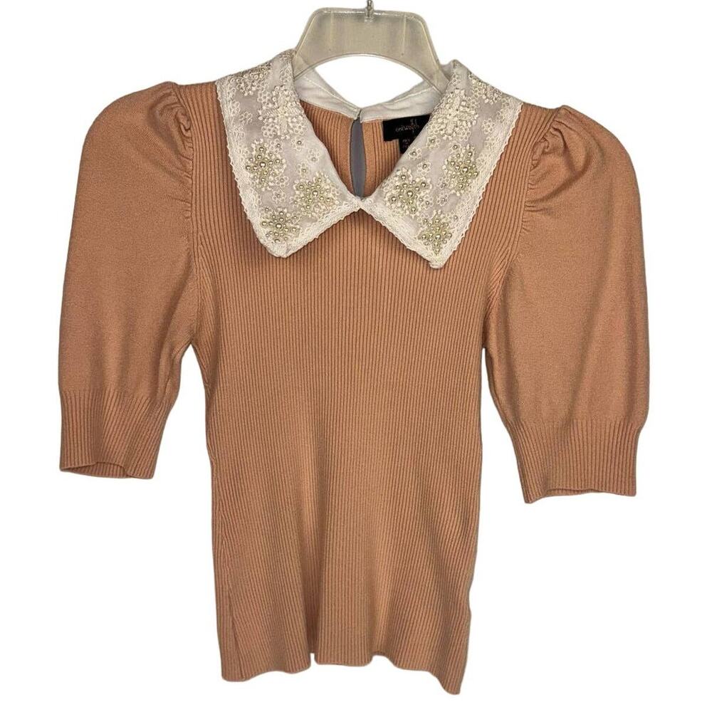 ONTWELFTH | Peach Ribbed Knit Beaded Statement Collar  Sweater |‎ Women's Small